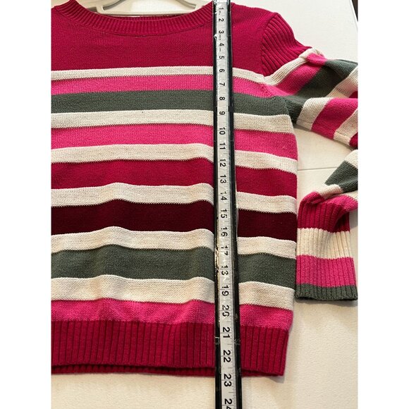 LOFT Striped Knit Crewneck Sweater Pink Green Burgundy Women’s Medium - Picture 8 of 11